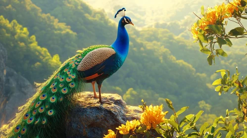 Peacock Perched on Rocky Outcrop