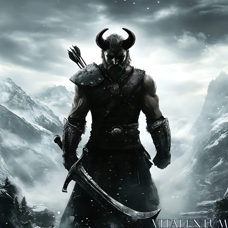 Horned Warrior in Mountain Landscape AI Image