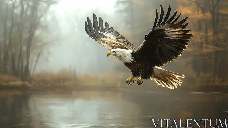 Graceful Eagle Soaring Above Misty Water AI Image