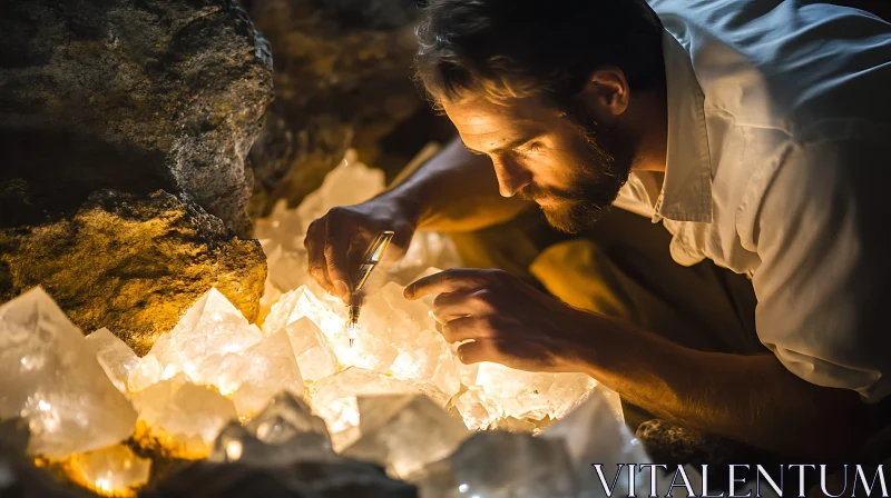 AI ART Man examining crystals in a cave