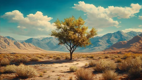 Lonely Tree in Arid Mountainous Desert