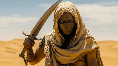 Cloaked Figure in Desert Holding Sword