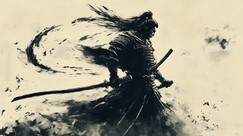 Monochrome Samurai Illustration with Dual Swords