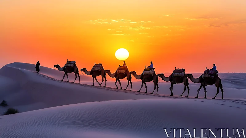 Camels Caravan in Desert at Sunset AI Image