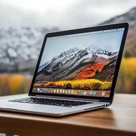 Modern Laptop on Desk with Mountainous Background