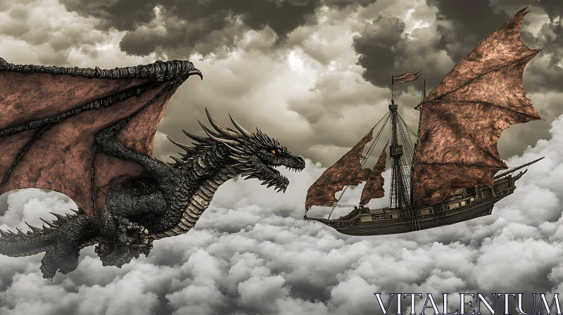 AI ART Flying Dragon Confronts Cloud Ship