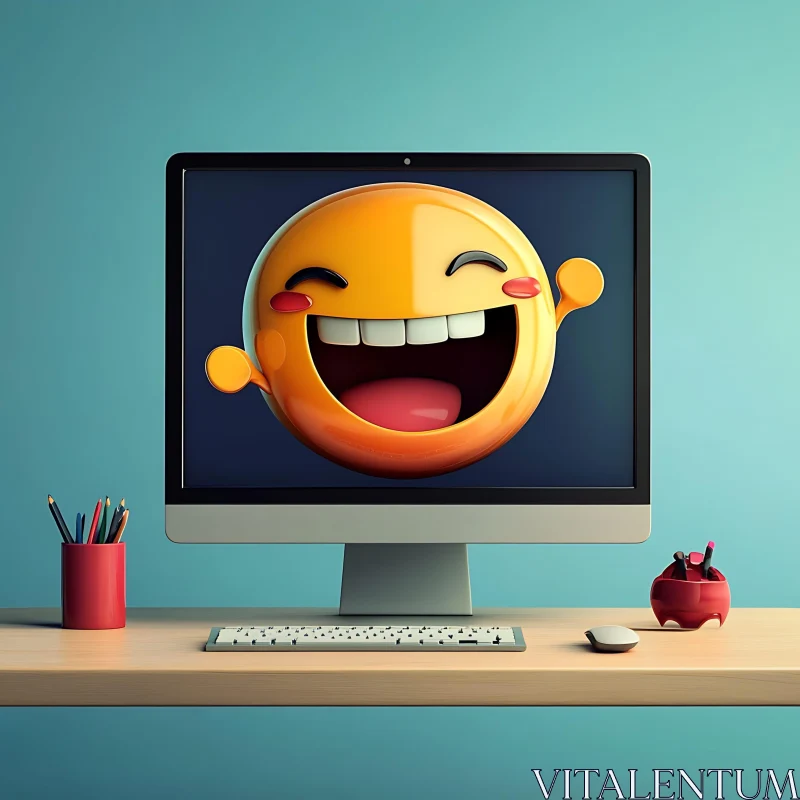 Cheerful 3D Emoji in Contemporary Desk Setup AI Image