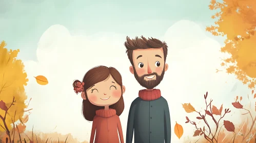 Cartoon Family in Autumn Scenery