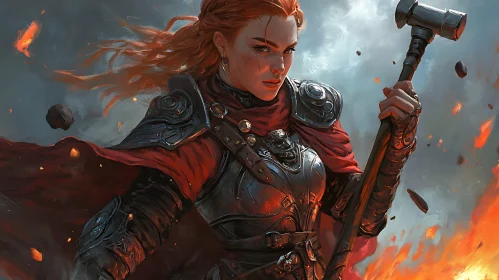 Armored Female Warrior in Fiery Battle