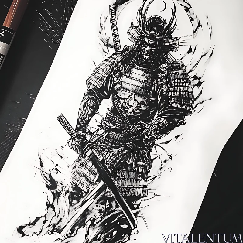 AI ART Monochrome Samurai Warrior with Katanas