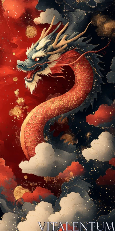 AI ART Crimson Dragon Among Clouds Art