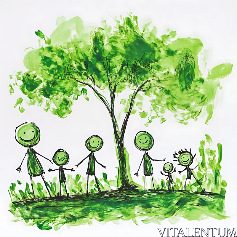 AI ART Childlike Family Art with Painted Tree