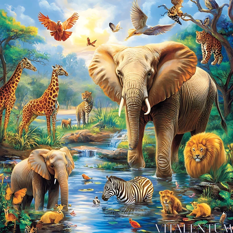 Beautiful Wild Animals in a Lush Savannah AI Image