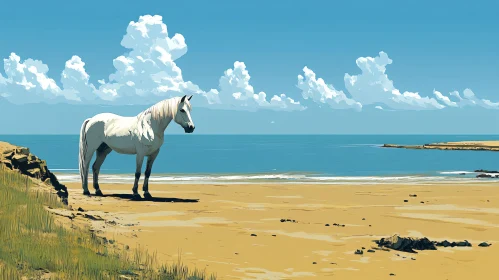 Serene Beach with White Horse