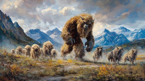 Monster Leading Herd Through Mountain Landscape