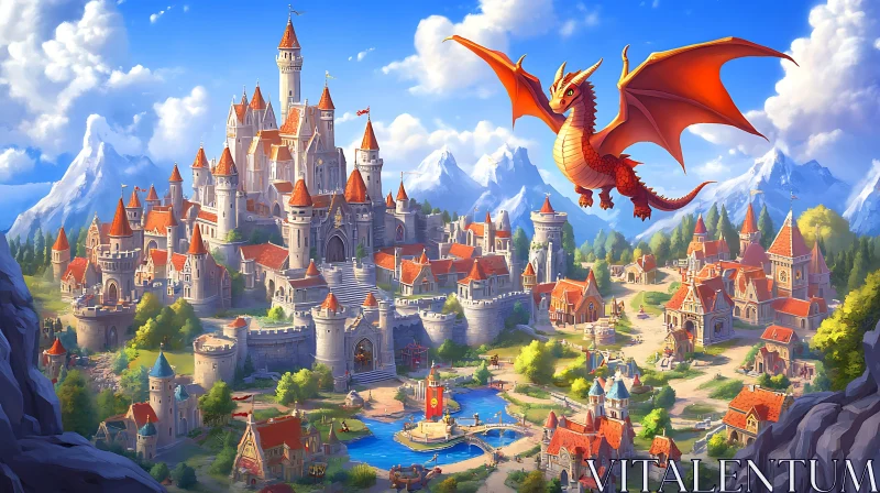 AI ART Fantasy Dragon Above Castle Illustration