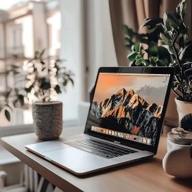 Home Office Setup with Laptop and Greenery