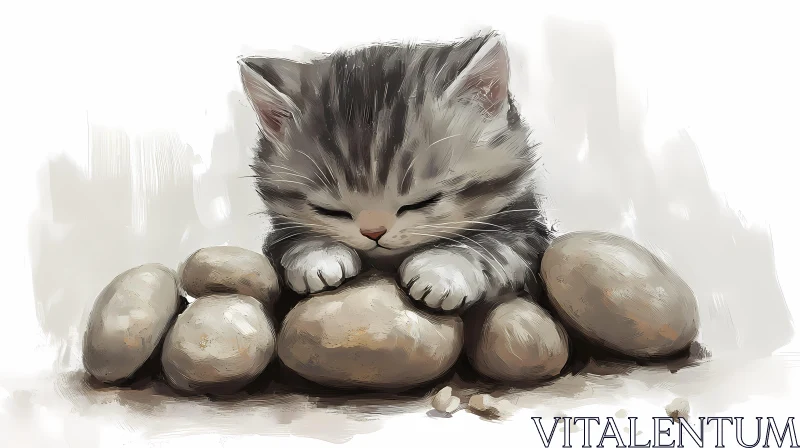 Serene Kitten with Soft Stones AI Image