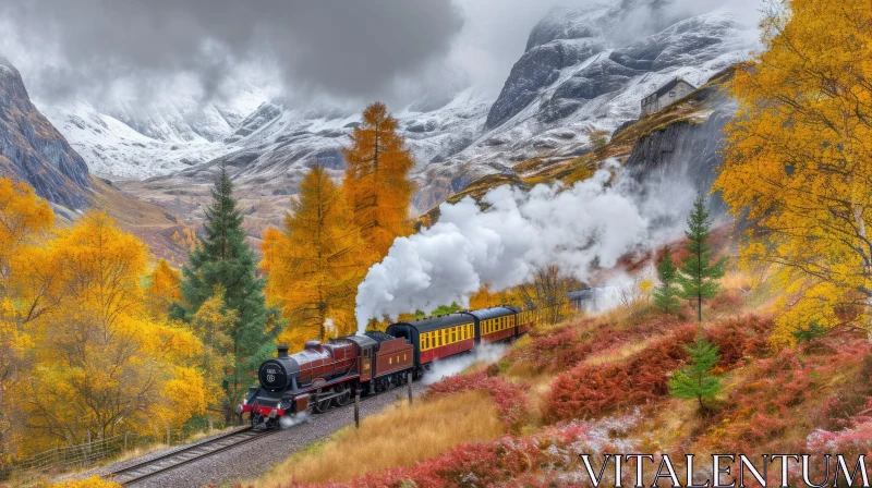 A Stunning Autumn Journey: Steam Train in Vibrant Landscape AI Image