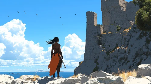 Woman Overlooking the Sea by Castle Ruins