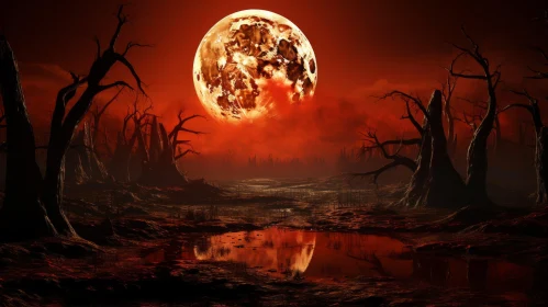 Apocalyptic Landscape with Red Moon and Tree Silhouette