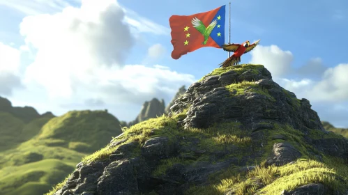 Bird on Mountain Top With Flag