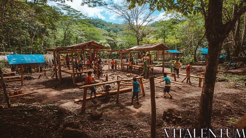 Kids Constructing Wooden Shelters Outdoors AI Image