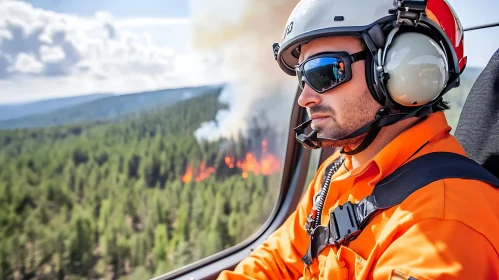Firefighter in Helicopter During Forest Fire