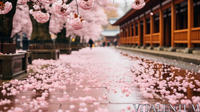 Cherry Blossoms Walkway: A Serene Atmosphere near a Traditional Temple AI Image