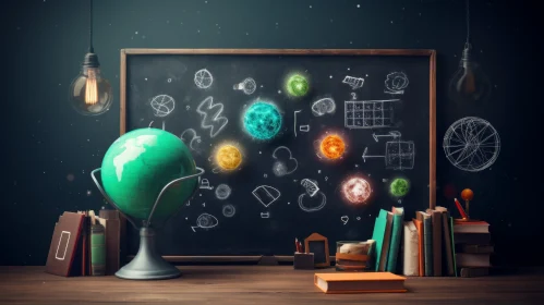 Cosmic-themed Blackboard with Globe and Books | Abstract Art