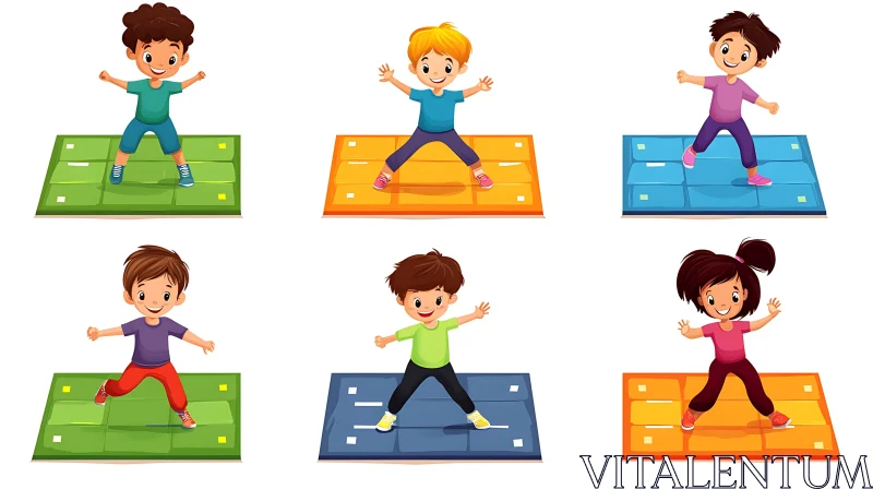 Cartoon Kids Exercising on Colorful Mats AI Image