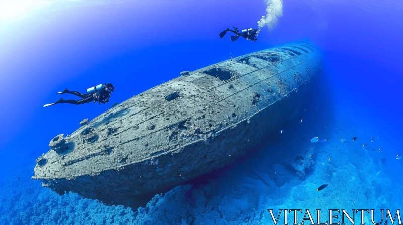 Divers Swimming Next to a Shipwreck: Captivating Underwater Art AI Image