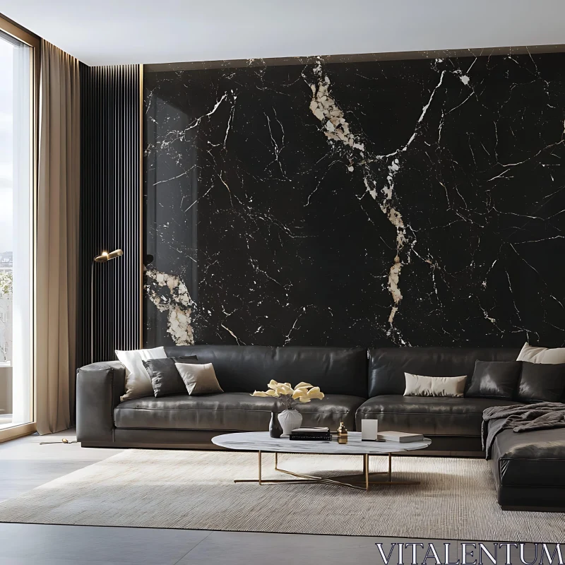 Contemporary Living Room with Marble Accent Wall AI Image