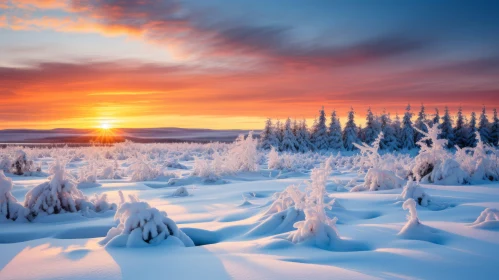 Enthralling Winter Landscape with Snowy Trees at Sunset