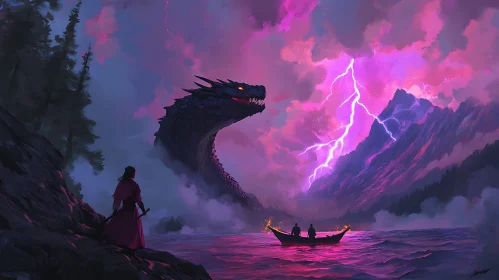 Epic Dragon Battle Under Lightning Sky