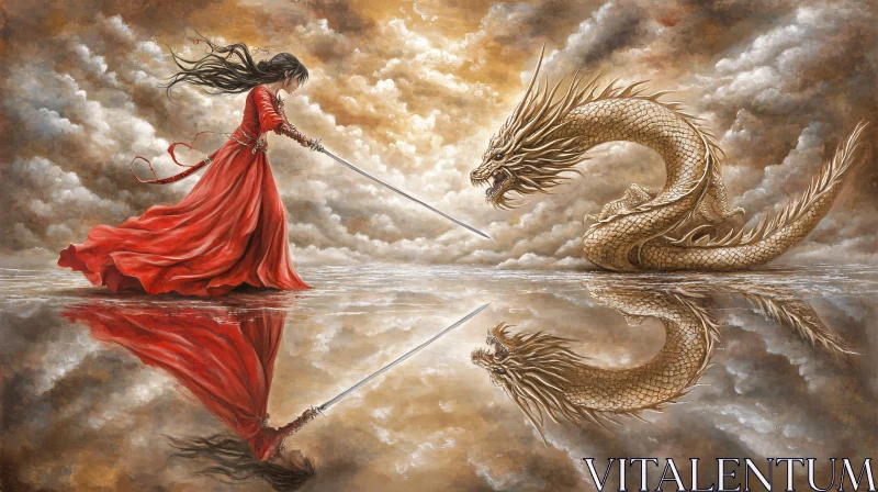 AI ART Red Dress Warrior Facing Dragon