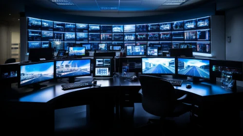 Industrial Landscape with White Desk and Multiple Monitors