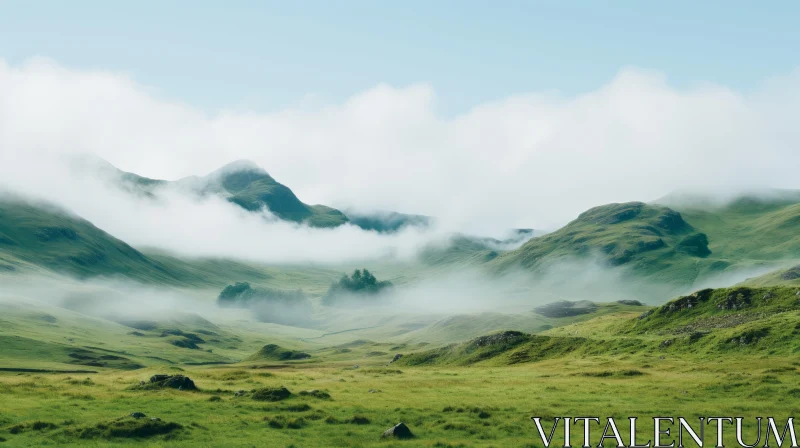 Misty Mountains and Grassy Fields: A Tranquil Scottish Landscape AI Image