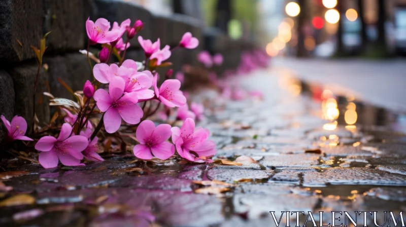 Rainy Street with Falling Cherry Blossom Petals AI Image