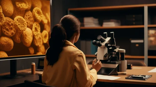 Scientific Exploration: Woman Studying Bacteria Through a Microscope