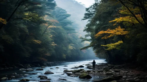 Serene Autumn Landscape with Man by the River