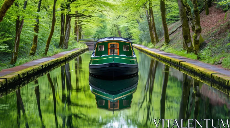 Tranquil Boat Journey through a Serene Canal amidst Greenery AI Image