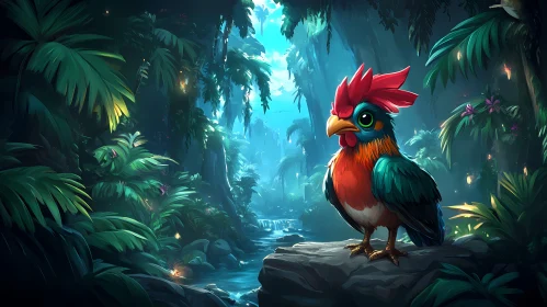 Tropical Jungle Bird Perched in Lush Landscape