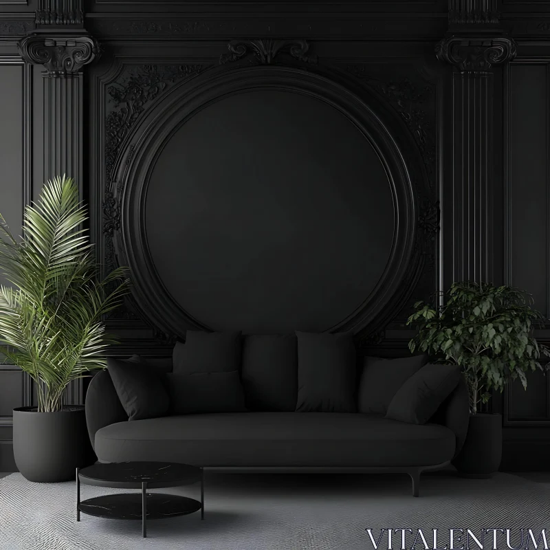 Sophisticated All-Black Interior Design with Greenery AI Image