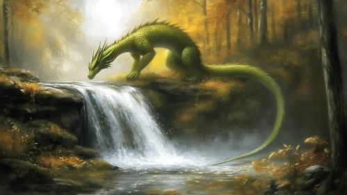 Dragon by Waterfall in Autumn Forest