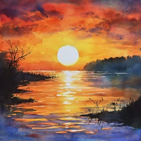 Watercolor Sunset Over Lake