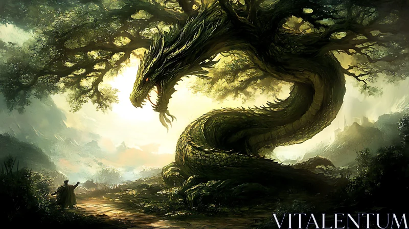 Dragon and Tree in Enchanted Landscape AI Image