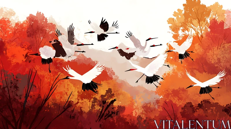 Elegant Cranes Soaring Through Autumn Landscape AI Image