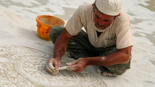 Man Carving Intricate Design in Sand