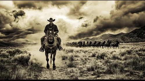 Sepia Cowboy Leading a Horseback Posse